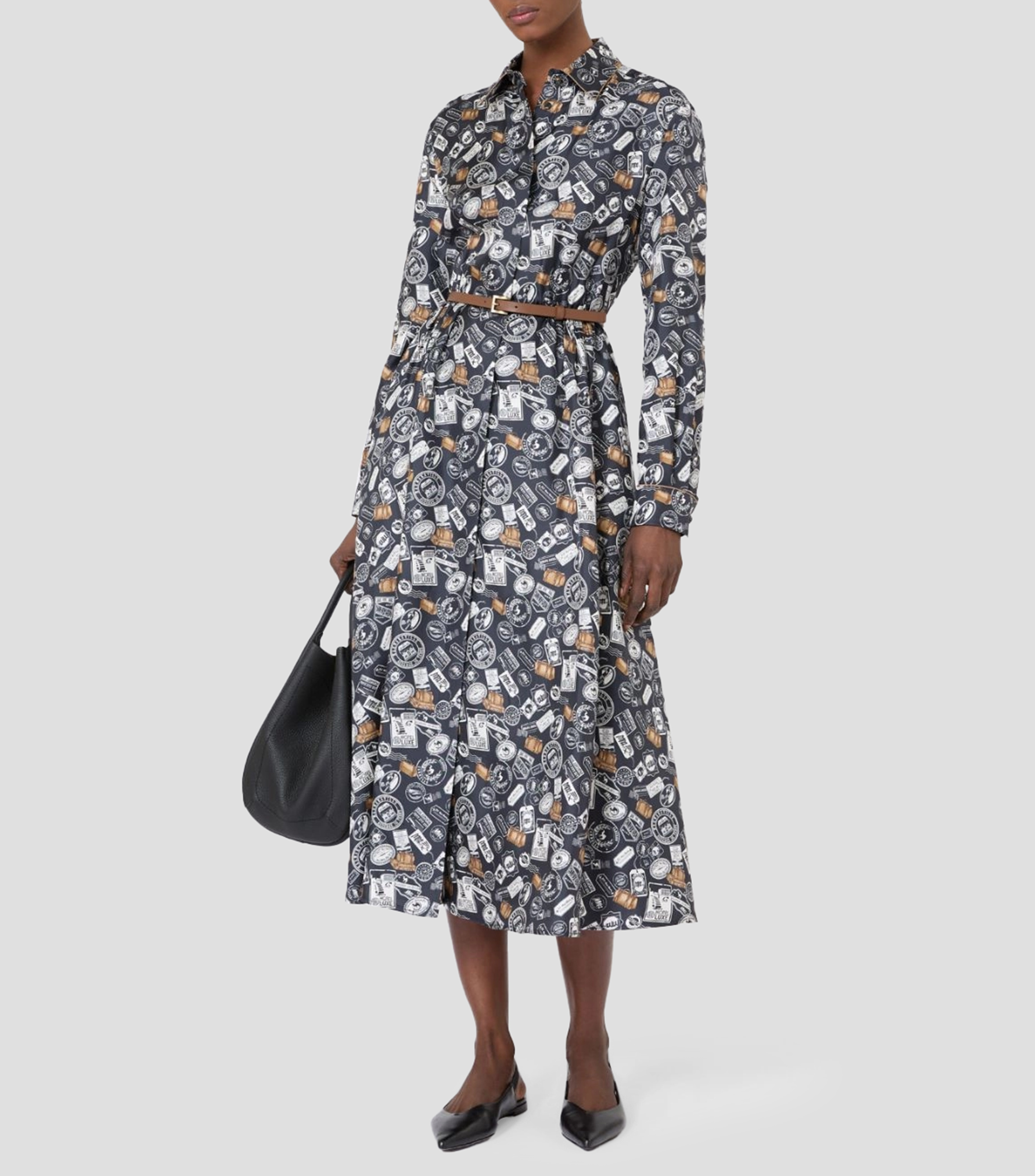 Vestido camisero midi con manga larga estampado Mujer